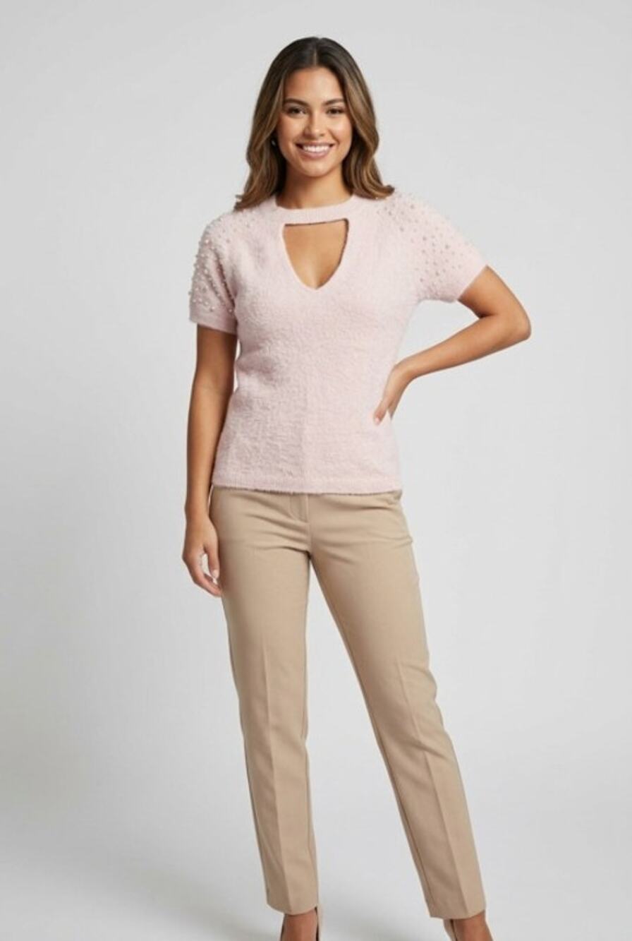 VENUS Blush Pink Fuzzy Pearl Embellished Keyhole Sweater Top Size M